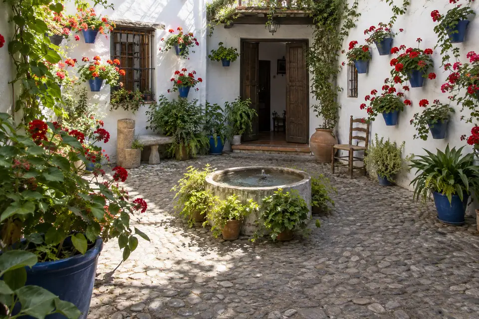 Een patio met blauwe bloempotten