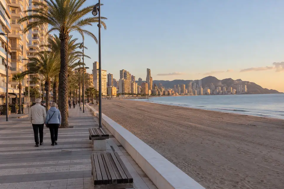 Avondlicht langs de boulevard van Benidorm