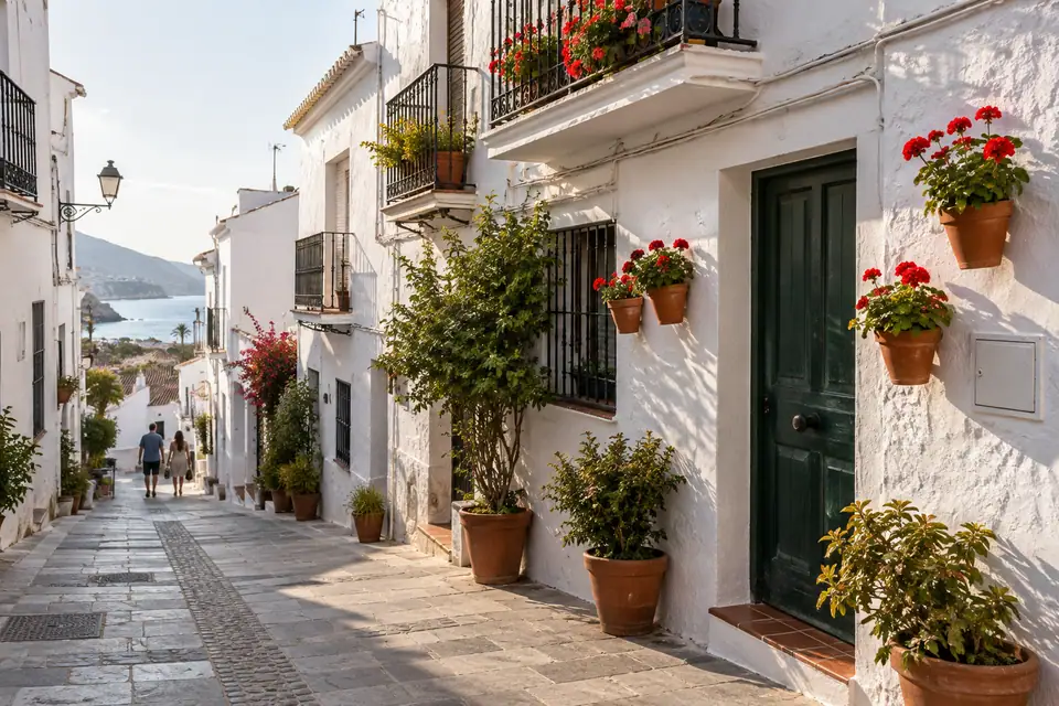 Een witte straat met bloemen in Nerja