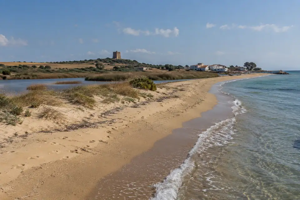 Een strook fijn goudgeel zand met lage duinen en rietkragen langs smalle brakke lagunes.