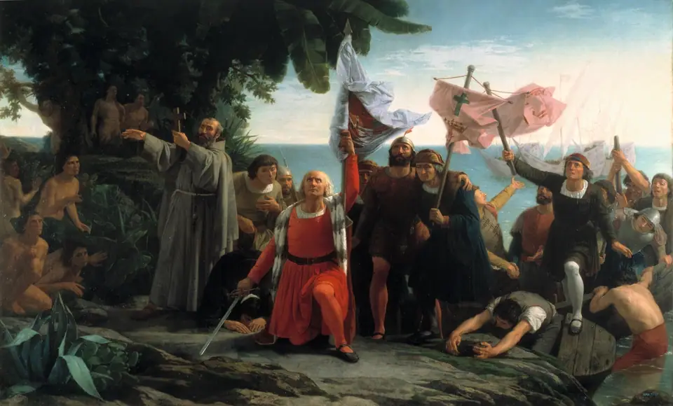 De landing van Columbus in Amerika in 1492, verbeeld door Dióscoro Puebla in 1862. Historisch schilderij.