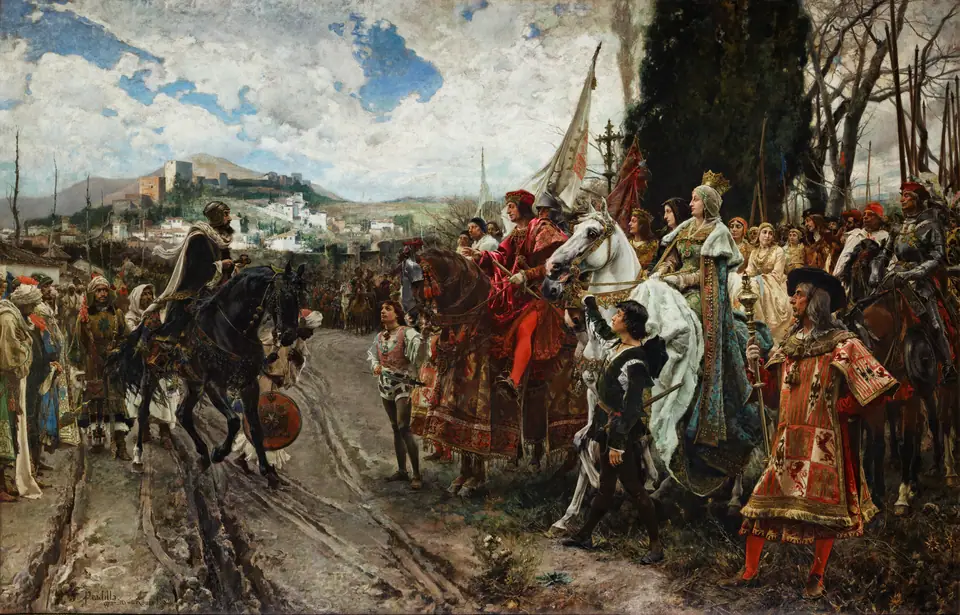 De overgave van Granada in 1492, verbeeld door Francisco Pradilla. Historisch schilderij uit 1882.