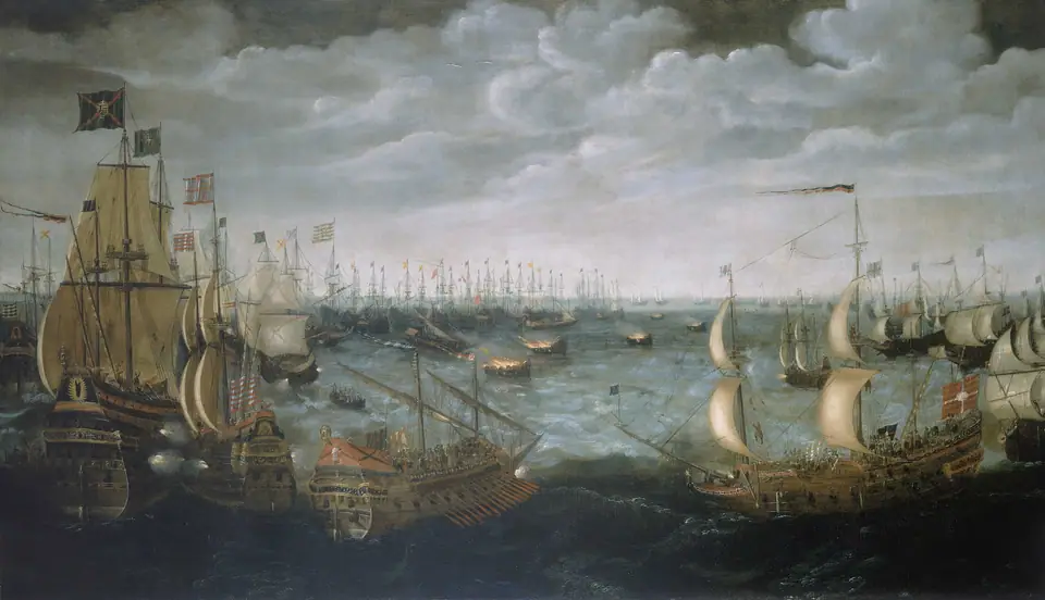 Het inzetten van brandschepen tegen de Spaanse Armada, 7 augustus 1588. Historisch schilderij.
