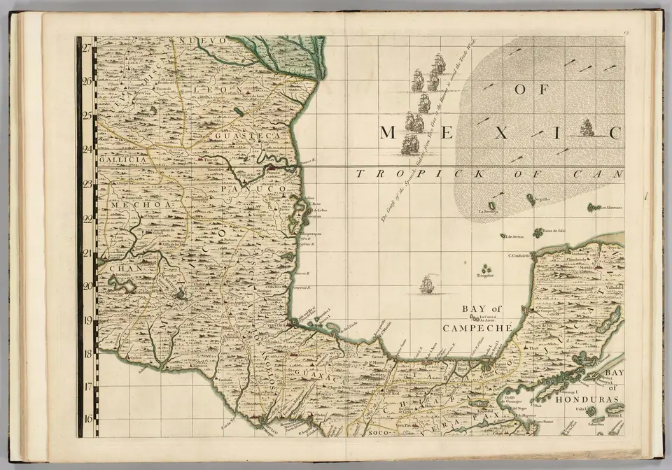 Historische kaart van Mexico en Yucatán, met de vaarroute van Spaanse galjoenen. Blad uit een latere uitgave van de atlas van Henry Popple.
