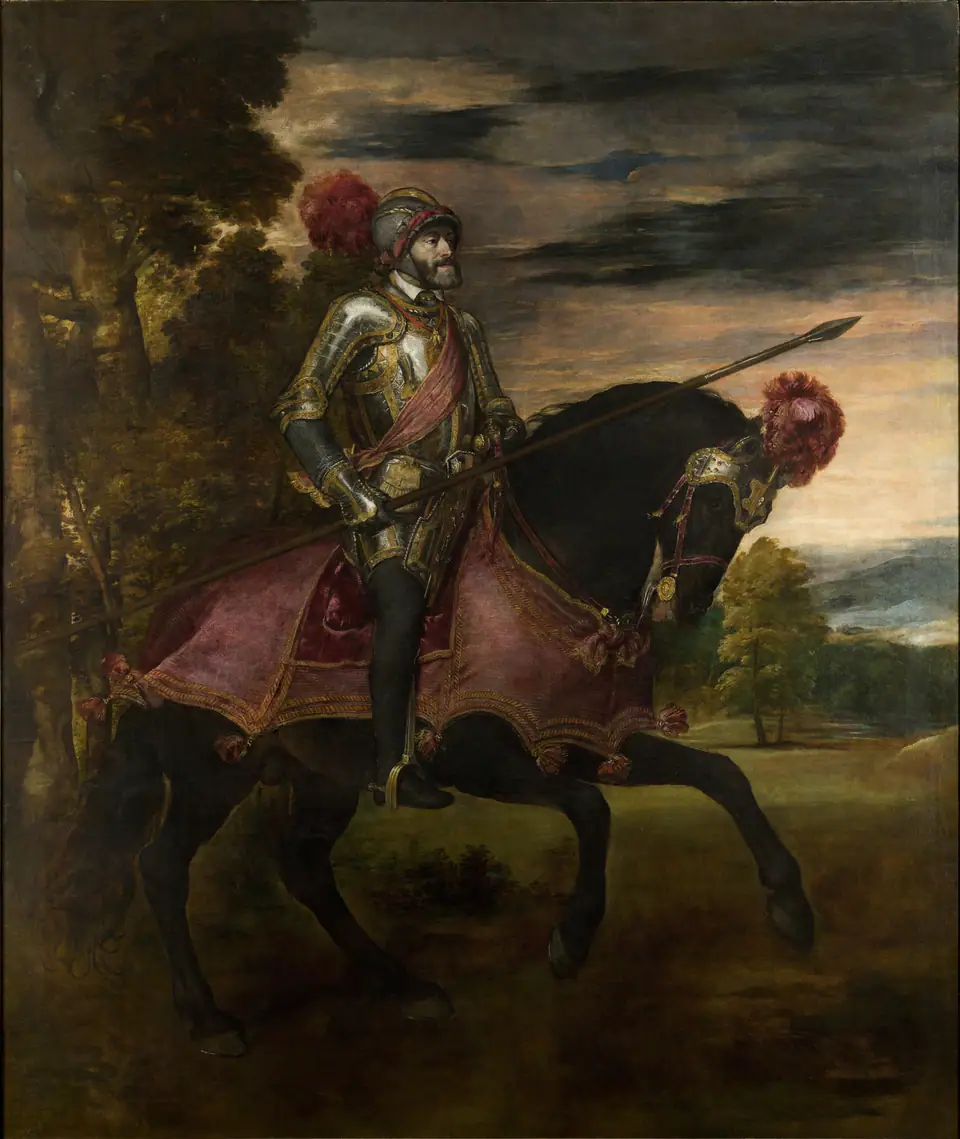 Karel V te paard bij Mühlberg (1548), Titiaan. Reproductie van een schilderij.