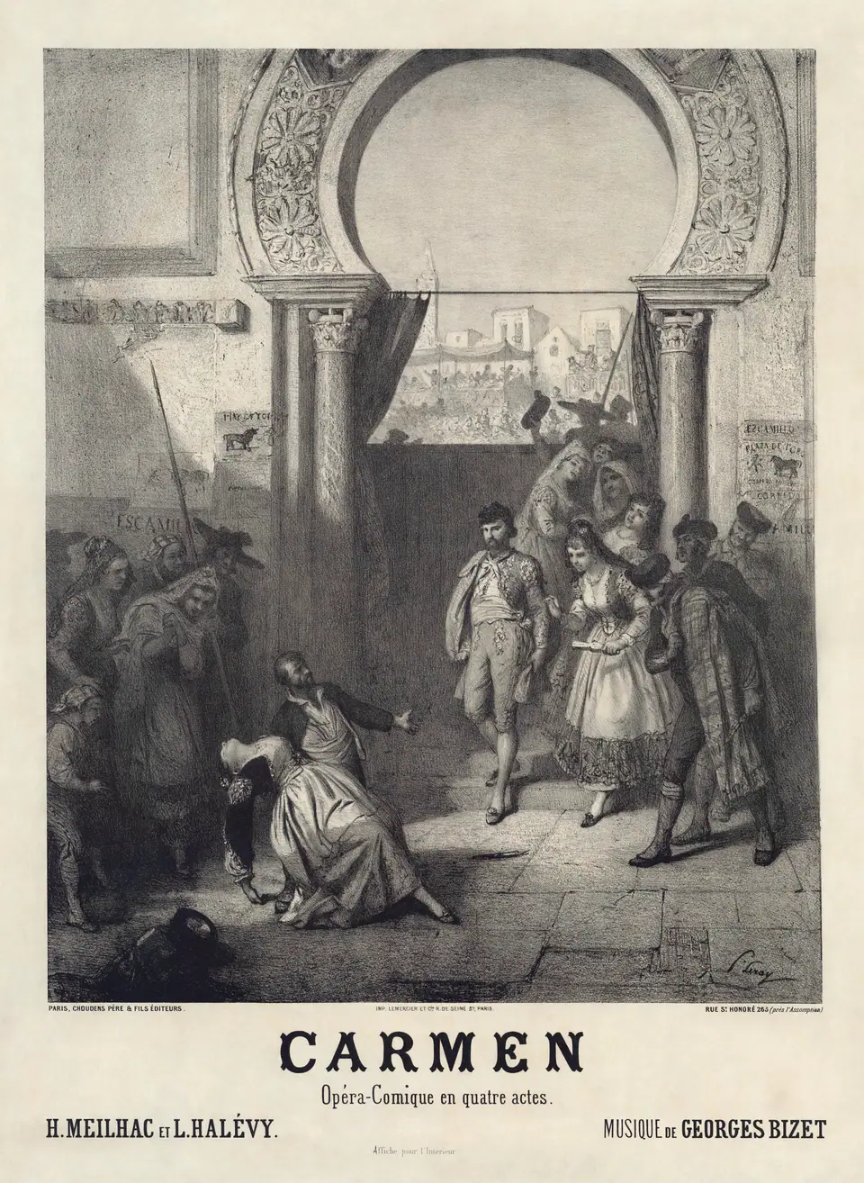 Affiche voor de première van de opera Carmen in 1875, door Prudent-Louis Leray. Gerestaureerde reproductie.