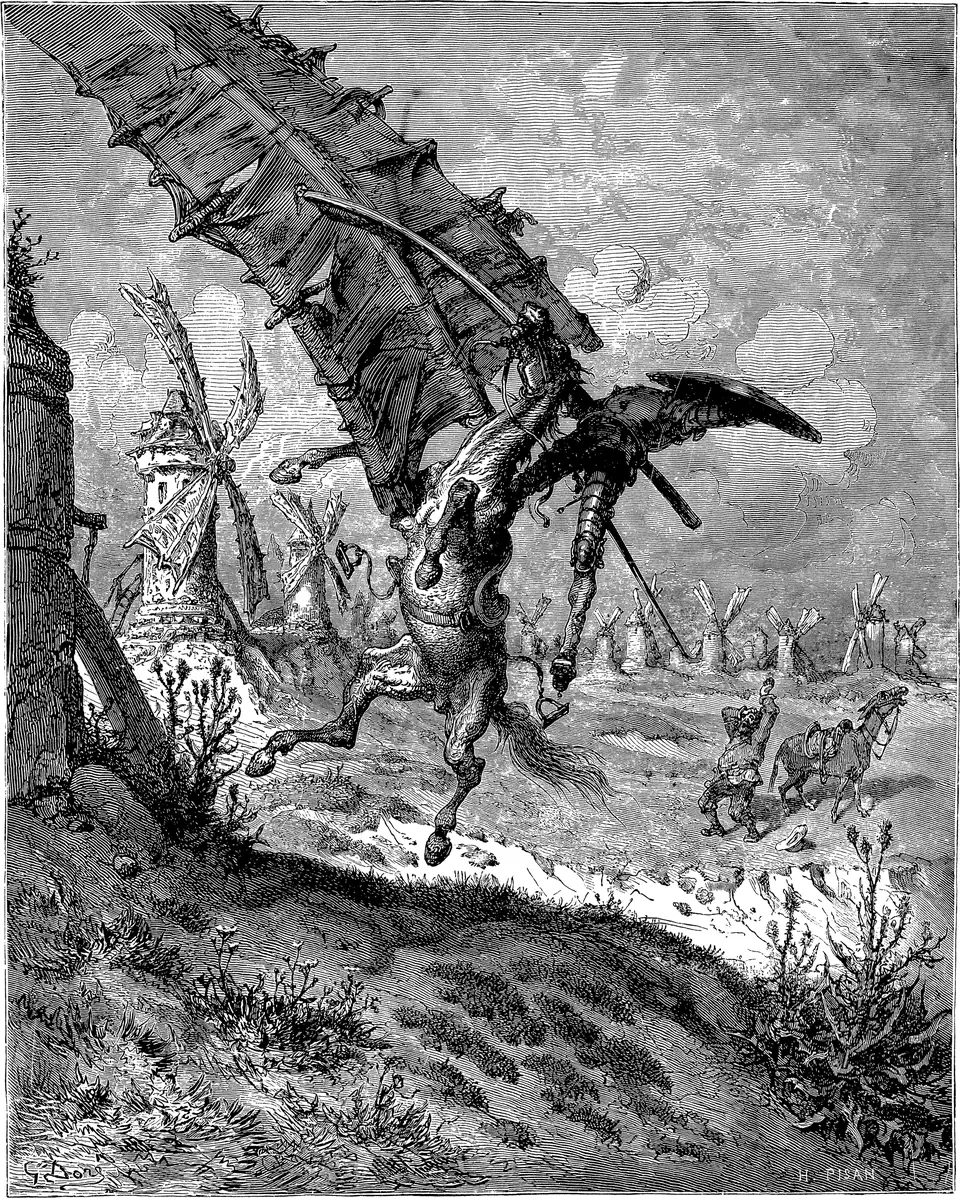 Don Quichot en de windmolens. Gravure van Gustave Doré uit 1863.