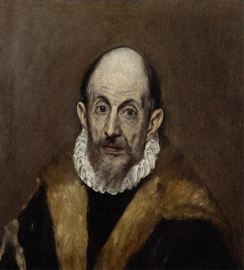 Portret van een man, vermoedelijk een zelfportret van El Greco, circa 1595–1600. De identiteit is onzeker.