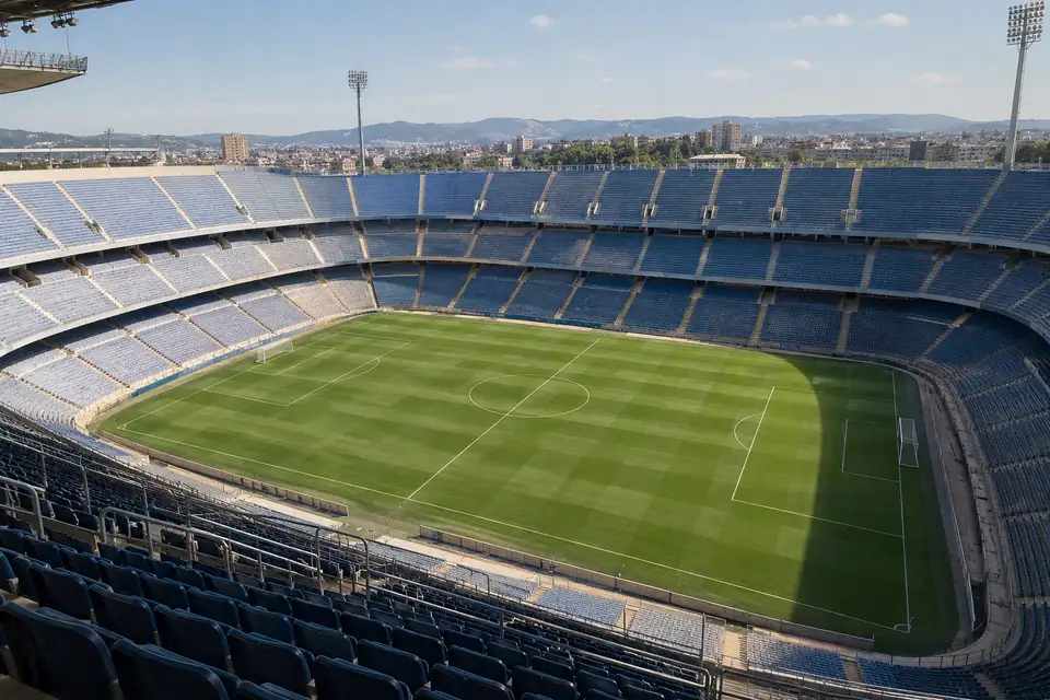 Leeg voetbalstadion met steile tribunes rond het veld en gras in lichte en donkere banen.