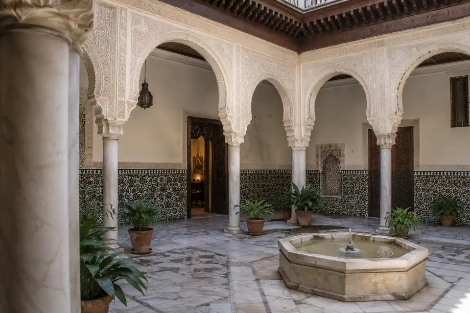 Binnenhof met hoefijzerbogen op marmeren zuilen, betegelde onderwanden en een achthoekige fontein in het midden.