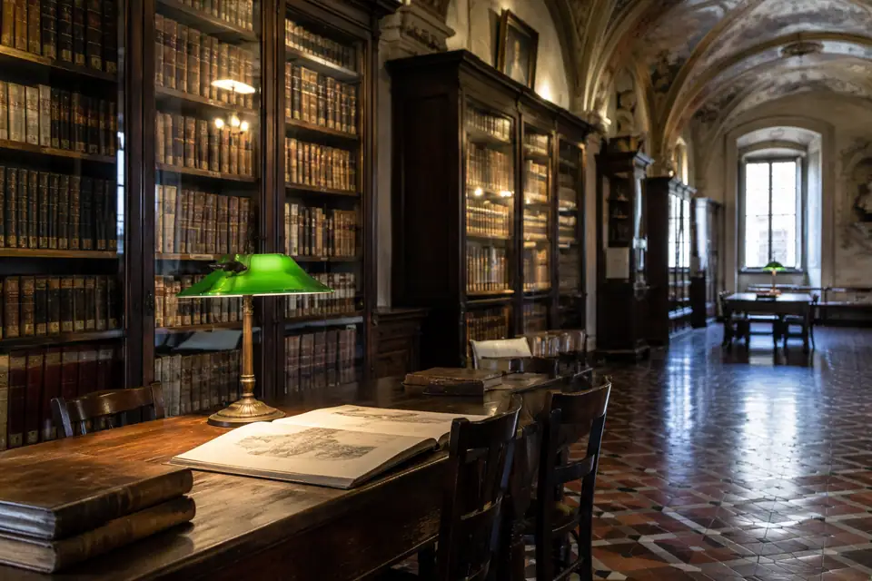 Gewelfde zaal met donkere boekenkasten vol leren banden en een leestafel met groene lamp.
