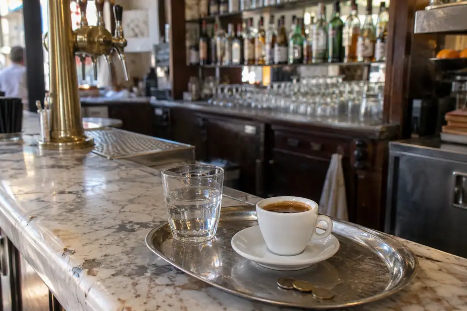 Versleten marmeren bar met een wit kopje donkere koffie, een glas water en losse munten.