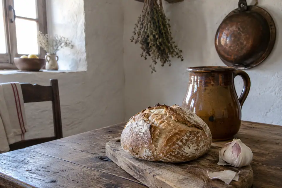 Rond brood, aardewerken kruik en knoflook op een gehavende houten tafel in een witte keuken.