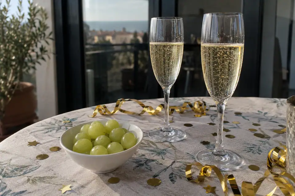 Wit schaaltje met twaalf groene druiven naast twee gevulde glazen cava op een gedekte tafel.