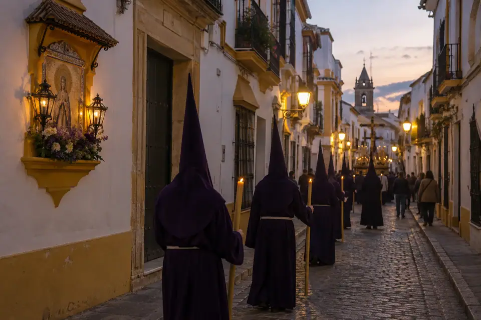Een processie in een smalle Spaanse straat