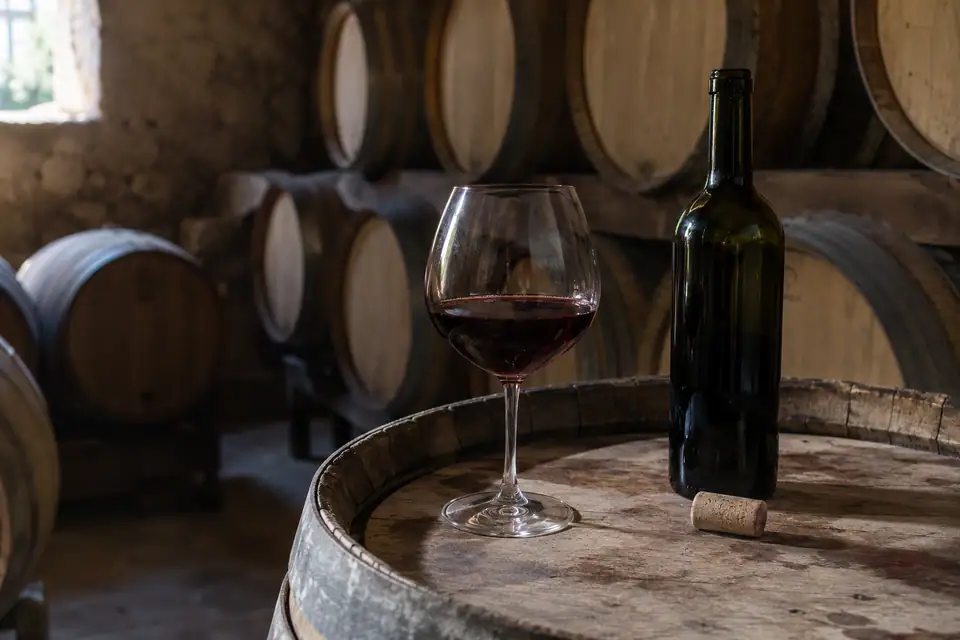 Een glas granaatrode wijn op een vat in een kelder vol gestapelde eikenhouten vaten.