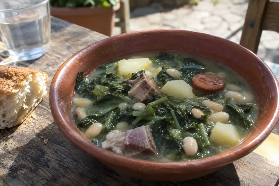 Brede kom lichte bouillon met donkergroene bladeren, witte bonen en stukken aardappel en varkensvlees.