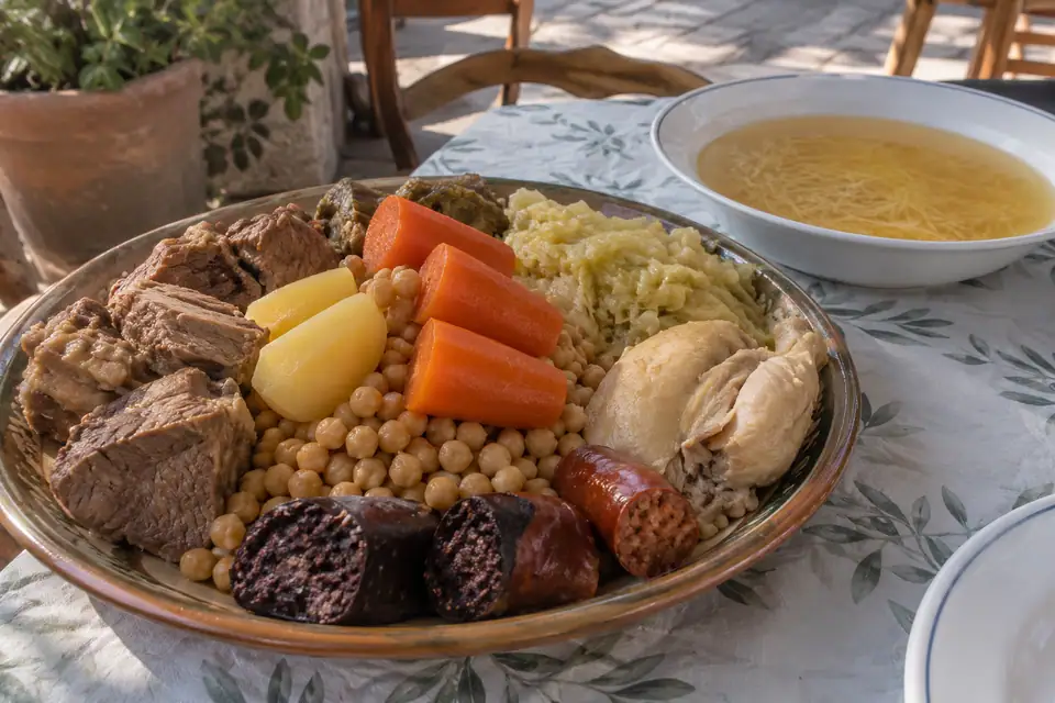 Grote schaal met kikkererwten, kool en gekookt vlees, naast een bord heldere bouillon met vermicelli.
