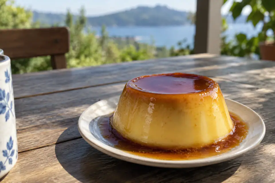 Glanzende gele pudding omgekeerd op een bordje, met amberkleurige karamel die langs de zijkanten loopt.