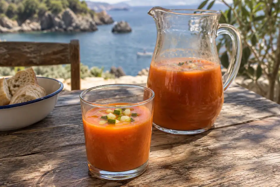 Dunne oranjerode tomatensoep in een glas met blokjes komkommer en paprika en een streepje olijfolie.