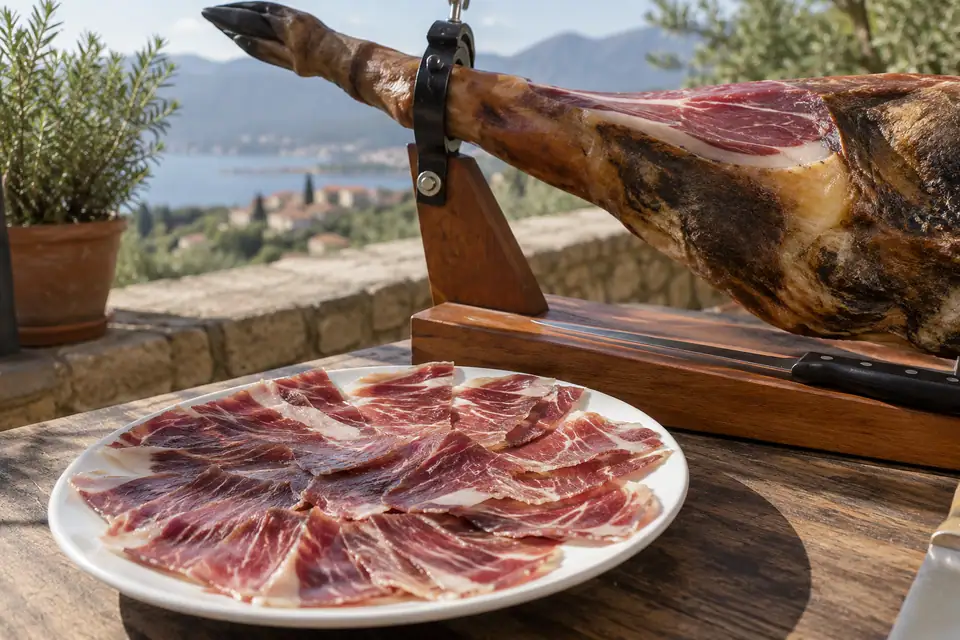 Dunne plakken donkerrode ham met vetmarmering, erachter een hele ham in een houten houder.