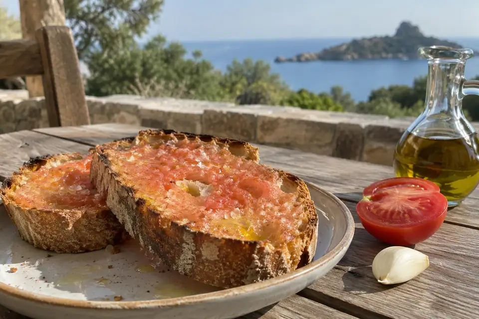 Dikke geroosterde sneden brood met tomatenpulp en zout, naast een halve tomaat en een knoflookteentje.