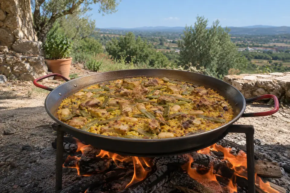 Paella op een houtvuur