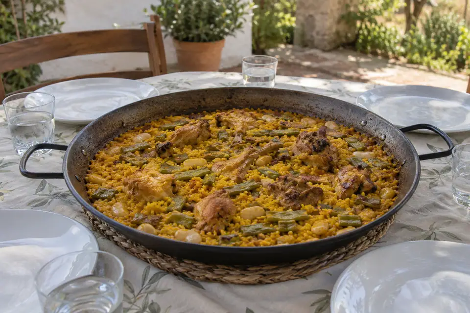 Samen paella eten aan een terrastafel