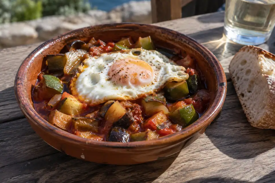 Aardewerken schaal met gestoofde courgette, aubergine en paprika in tomaat, met een gebakken ei erop.