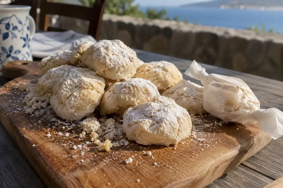 Bleke kruimelige amandelkoekjes met poedersuiker op een plank, twee nog half in wit vloeipapier.