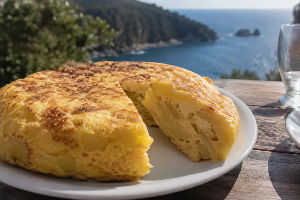 Dikke ronde omelet op een wit bord, met een punt eruit die aardappelschijfjes laat zien.