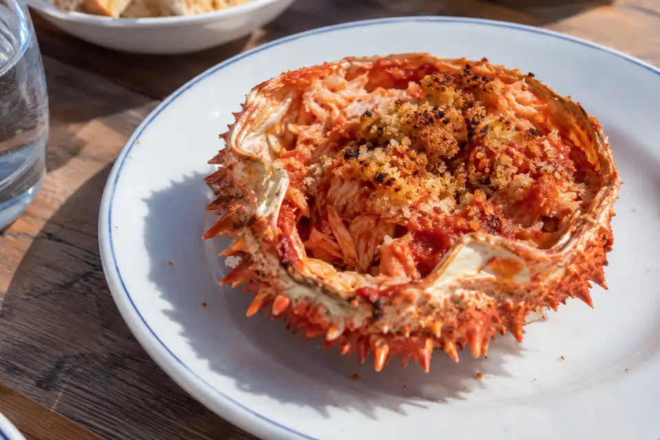 Oranjerode krabschelp gevuld met geplukt krabvlees in tomatenmengsel, bedekt met gebruinde broodkruim.