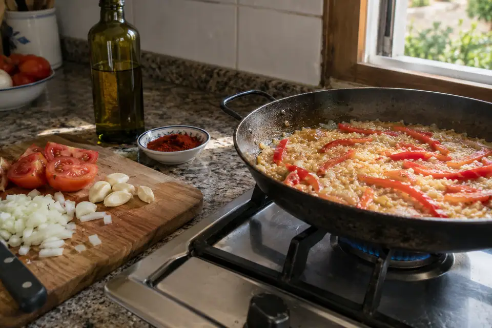 Een pan rijst op een gasvlam, naast een snijplank met gehalveerde tomaten, knoflook en ui.