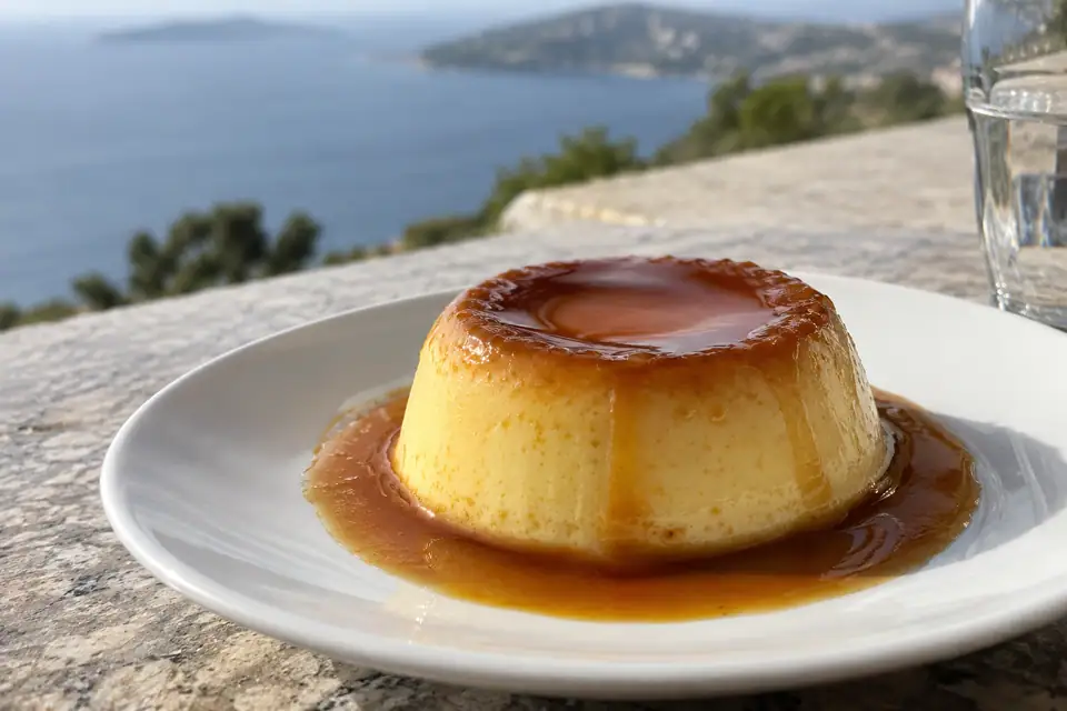 Lichtgele pudding op een wit bord, met donkere karamelsaus langs de zijkanten naar beneden.