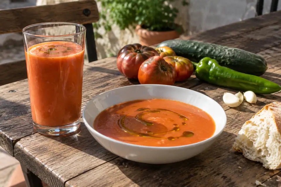 Glas en witte schaal met gladde oranjerode koude soep, omringd door tomaten, komkommer en paprika.
