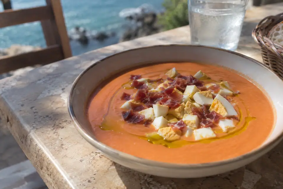 Ondiepe schaal met dikke oranje tomatencrème, gehakt ei, blokjes ham en een slinger olijfolie.