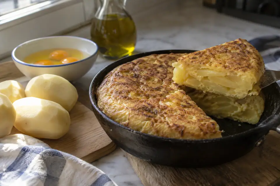 Dikke goudbruine aardappelomelet in een koekenpan, met één punt eruit die aardappellaagjes laat zien.