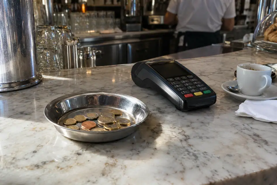 Metalen schaaltje met euromunten op een marmeren bar, naast een pinapparaat en leeg espressokopje.